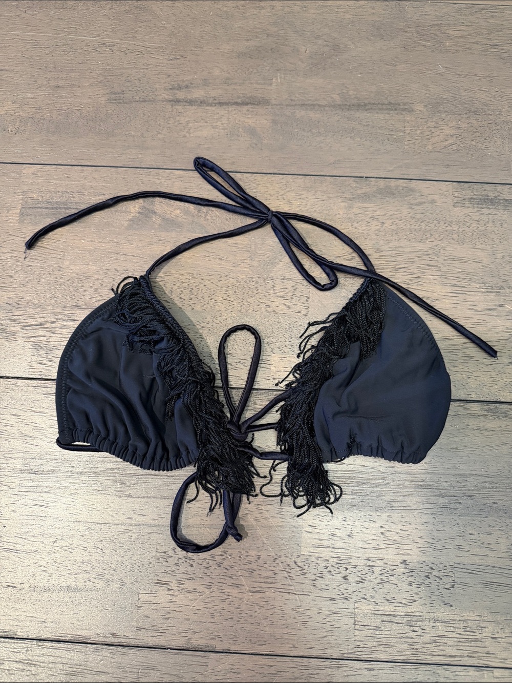 Women's Black Fringe Triangle Bikini Top
